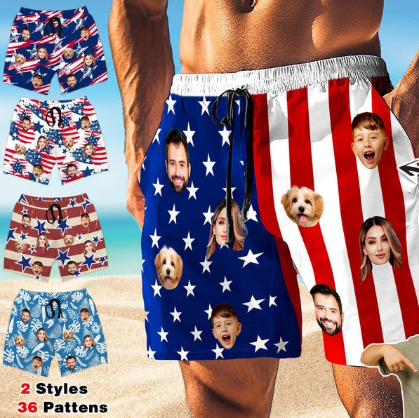Custom American Flag Swim Trunk, Personalized Beach Shorts for Bachelor Party, Custom Face Swim Trunk,Photo Swimwear,Bachelor Party,Vacation