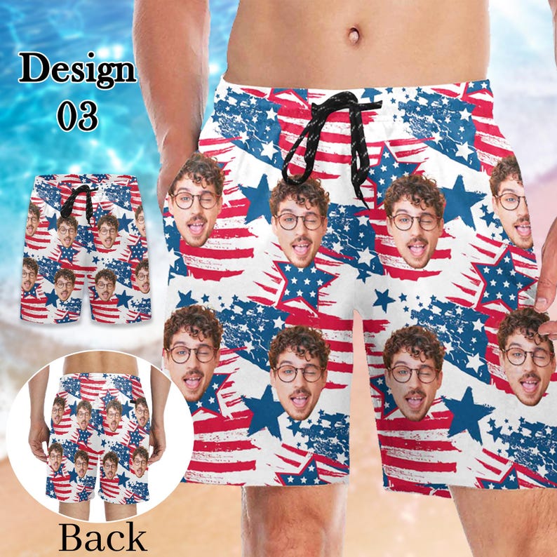 Personalized Men Bathing Suit, Father Swim Trunks, Custom Photos Beach Short for Dad, Custom face Hawaiian Swim Trunks, Father's Day Gifts