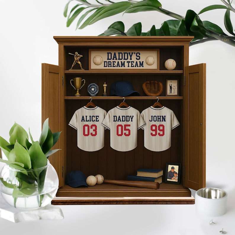 Personalized Daddy's Dream Team Baseball Jersey 3-Layered Standing Wooden Plaque, Father's Day Gifts For Dad, Grandpa, Custom Names Sign
