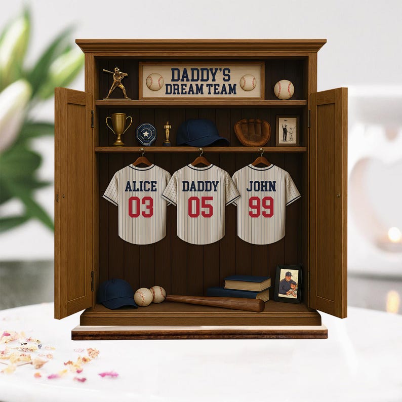 Personalized Daddy's Dream Team Baseball Jersey 3-Layered Standing Wooden Plaque, Father's Day Gifts For Dad, Grandpa, Custom Names Sign