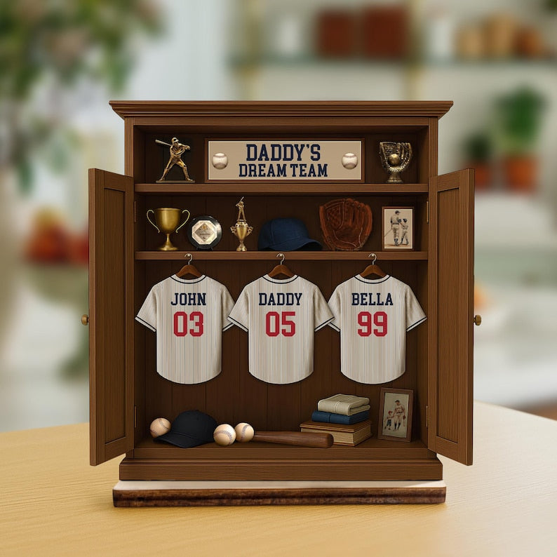 Personalized Daddy's Dream TEAM Baseball Jersey 3-Layered Standing Wooden Plaque, Father's Day Gifts For Dad, Grandpa, Custom Names Sign