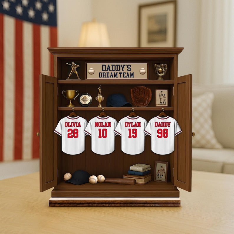 Personalized Daddy's Dream TEAM Baseball Jersey 3-Layered Standing Wooden Plaque, Father's Day Gifts For Dad, Grandpa, Custom Names Sign