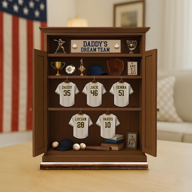 Personalized Daddy's Dream TEAM Baseball Jersey 3-Layered Standing Wooden Plaque, Father's Day Gifts For Dad, Grandpa, Custom Names Sign