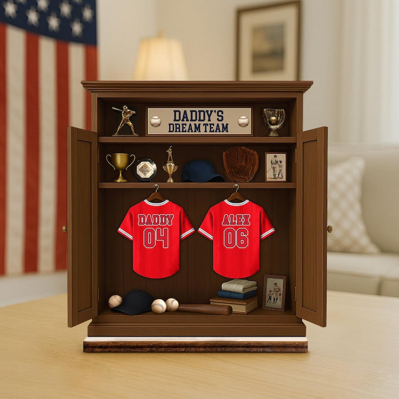 Personalized Daddy's Dream TEAM Baseball Jersey 3-Layered Standing Wooden Plaque, Father's Day Gifts For Dad, Grandpa, Custom Names Sign