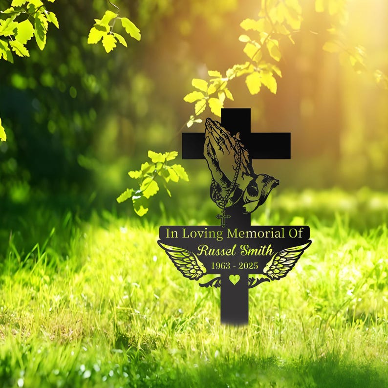 Personalized Memorial Cross with Praying Hands - Sympathy Grave Marker