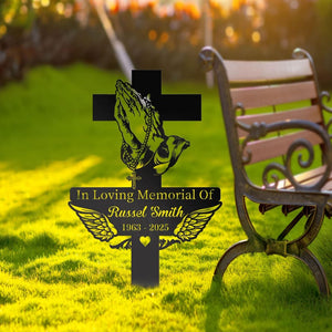 Personalized Memorial Cross with Praying Hands - Sympathy Grave Marker