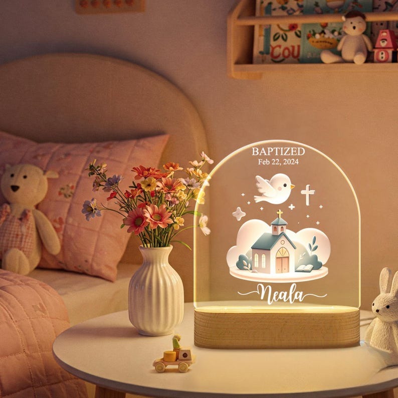 Personalized Baptism Night Light Gift Baby, Custom Night Light for Goddaughter, Gift from Godparent, Custom Kids Name, Baptism Gift For Kids