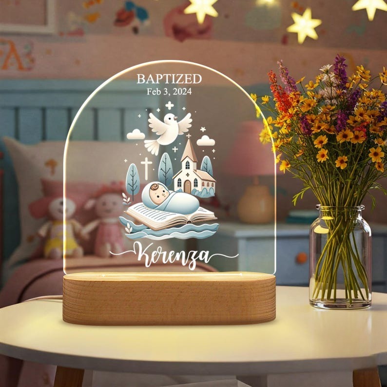 Personalized Baptism Night Light Gift Baby, Custom Night Light for Goddaughter, Gift from Godparent, Custom Kids Name, Baptism Gift For Kids