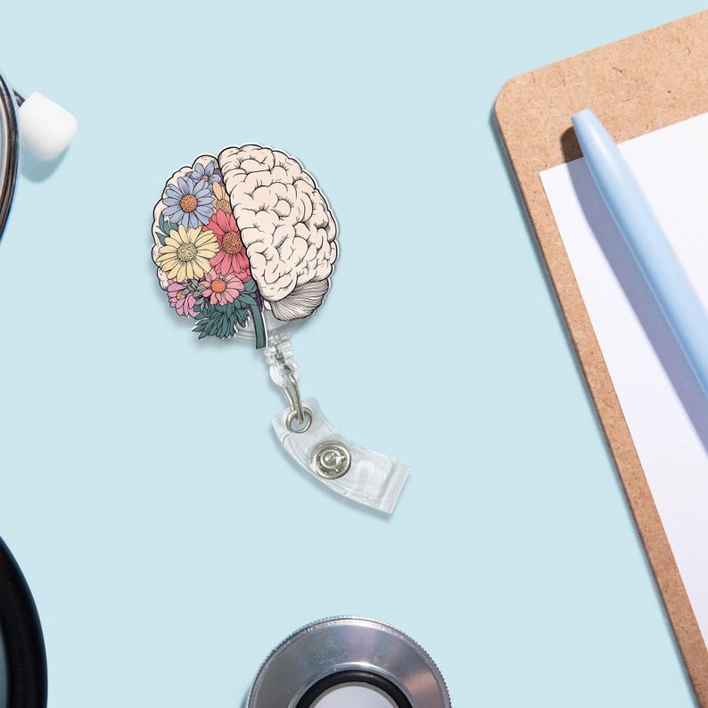 Floral Brain Badge Reel, Left and Right Brain ID Holder, Artistic Medical Name Tag Clip, Gift for Neurologist, Therapist, Teacher, RN, Staff