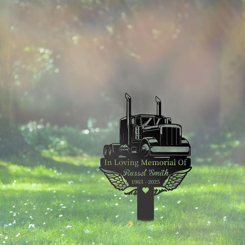 Personalized Trucker Memorial Stake: Angel Wings Grave Marker Sympathy Gift for Loss of Loved One - Custom Outdoor Plaque with Photo, Name & Dates - Remembrance Garden & Grave Marker