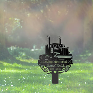 Personalized Trucker Memorial Stake: Angel Wings Grave Marker Sympathy Gift for Loss of Loved One - Custom Outdoor Plaque with Photo, Name & Dates - Remembrance Garden & Grave Marker