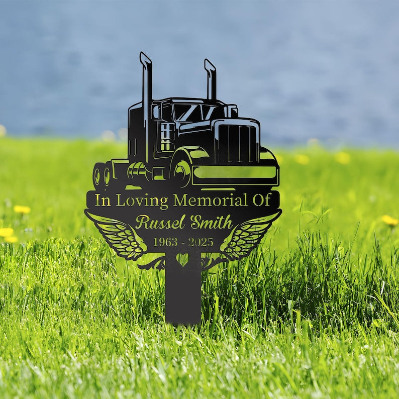 Personalized Trucker Memorial Stake: Angel Wings Grave Marker Sympathy Gift for Loss of Loved One - Custom Outdoor Plaque with Photo, Name & Dates - Remembrance Garden & Grave Marker