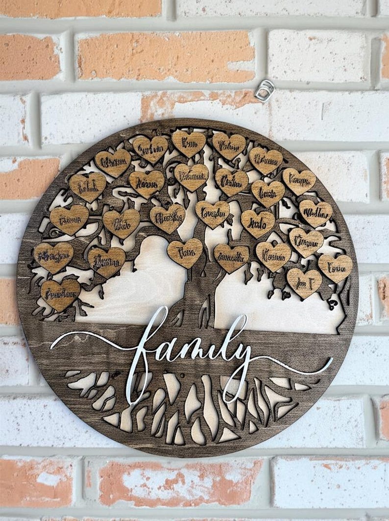 Personalized Family Tree Sign: Rustic Wood Wall Decor, Custom Names