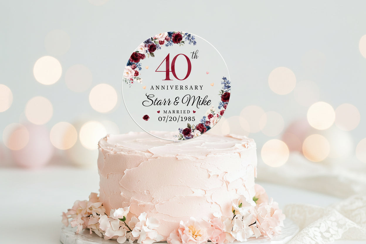 Personalized 40th Wedding Anniversary Acrylic Cake Topper, 40 Ruby Wedding Gifts For Parents, Ruby 40 Anniversary Gift, Husband Gift