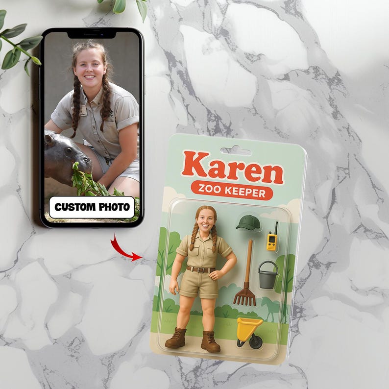 Personalized 2D Zoo Keeper Keychain, Turn Your Photo Into An Action Figure, Custom Toy Box Figure, Unique Funny AI Zoo Keeper Car Decor