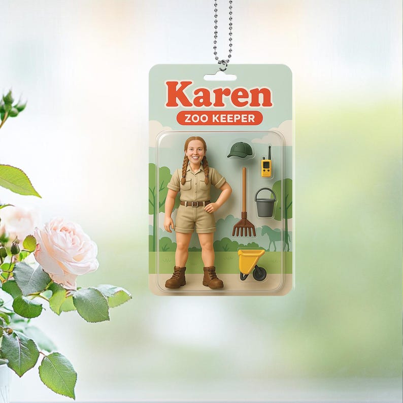 Personalized 2D Zoo Keeper Keychain, Turn Your Photo Into An Action Figure, Custom Toy Box Figure, Unique Funny AI Zoo Keeper Car Decor