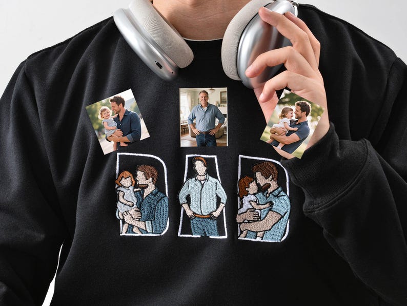 Custom Portrait Sweatshirt,Embroidered Dad Hoodie with Kid Portrait,Father Portrait Hoodie from Your Photo,Father's Day Gift,PAPA Hoodies