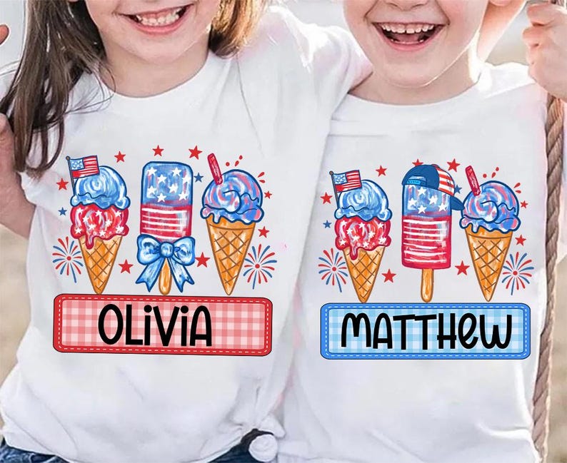 Personalized Boy Girl 4th Of July Kids Shirt, Boy Girl America T-Shirt, Patriotic Shirt, Red White Blue Shirt, Fireworks, Ice Cream Brushstroke