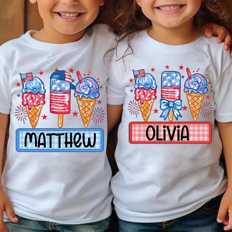 Personalized Boy Girl 4th Of July Kids Shirt, Boy Girl America T-Shirt, Patriotic Shirt, Red White Blue Shirt, Fireworks, Ice Cream Brushstroke