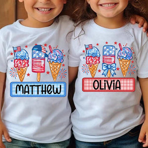 Personalized Boy Girl 4th Of July Kids Shirt, Boy Girl America T-Shirt, Patriotic Shirt, Red White Blue Shirt, Fireworks, Ice Cream Brushstroke
