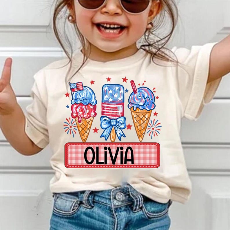 Personalized Boy Girl 4th Of July Kids Shirt, Boy Girl America T-Shirt, Patriotic Shirt, Red White Blue Shirt, Fireworks, Ice Cream Brushstroke