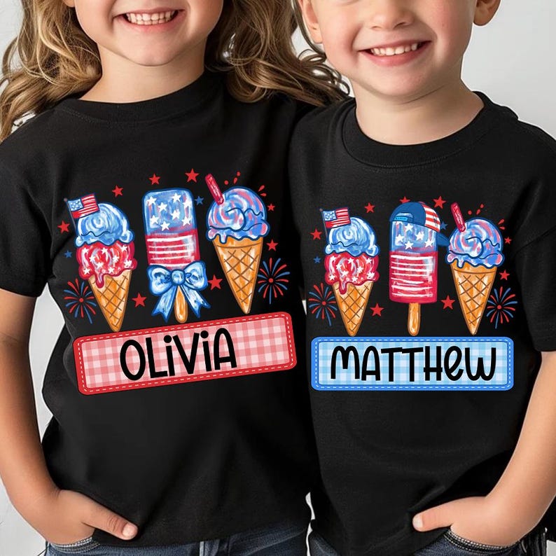 Personalized Boy Girl 4th Of July Kids Shirt, Boy Girl America T-Shirt, Patriotic Shirt, Red White Blue Shirt, Fireworks, Ice Cream Brushstroke
