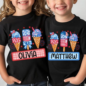 Personalized Boy Girl 4th Of July Kids Shirt, Boy Girl America T-Shirt, Patriotic Shirt, Red White Blue Shirt, Fireworks, Ice Cream Brushstroke
