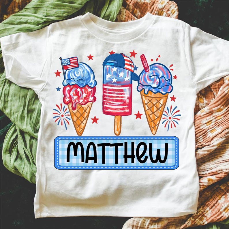 Personalized Boy Girl 4th Of July Kids Shirt, Boy Girl America T-Shirt, Patriotic Shirt, Red White Blue Shirt, Fireworks, Ice Cream Brushstroke