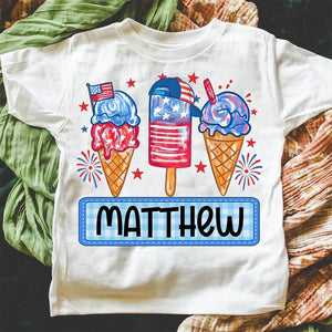 Personalized Boy Girl 4th Of July Kids Shirt, Boy Girl America T-Shirt, Patriotic Shirt, Red White Blue Shirt, Fireworks, Ice Cream Brushstroke
