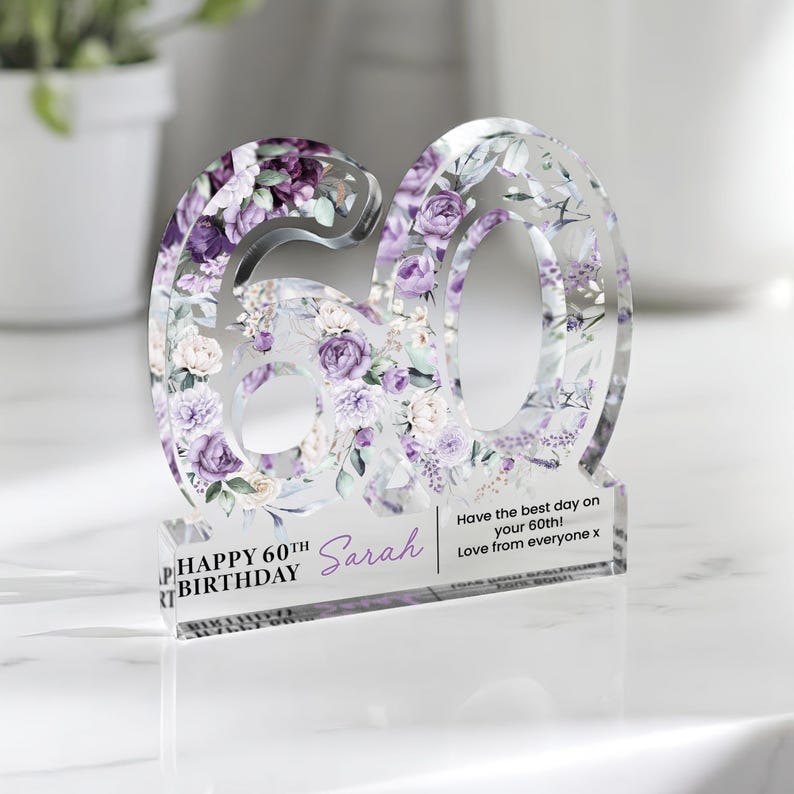 Personalised 60th Birthday Gift Plaque, Happy 60th Birthday Gift For Her, 60th Birthday Gifts, Floral 60th Gift, Gift for Her