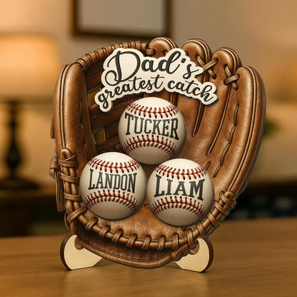 Personalized We Caught The Best Dad 2-Layered Wooden Plaque With Stand, Custom Kid's Names Baseball Sign, Father's Day Gifts, Gifts for Dad