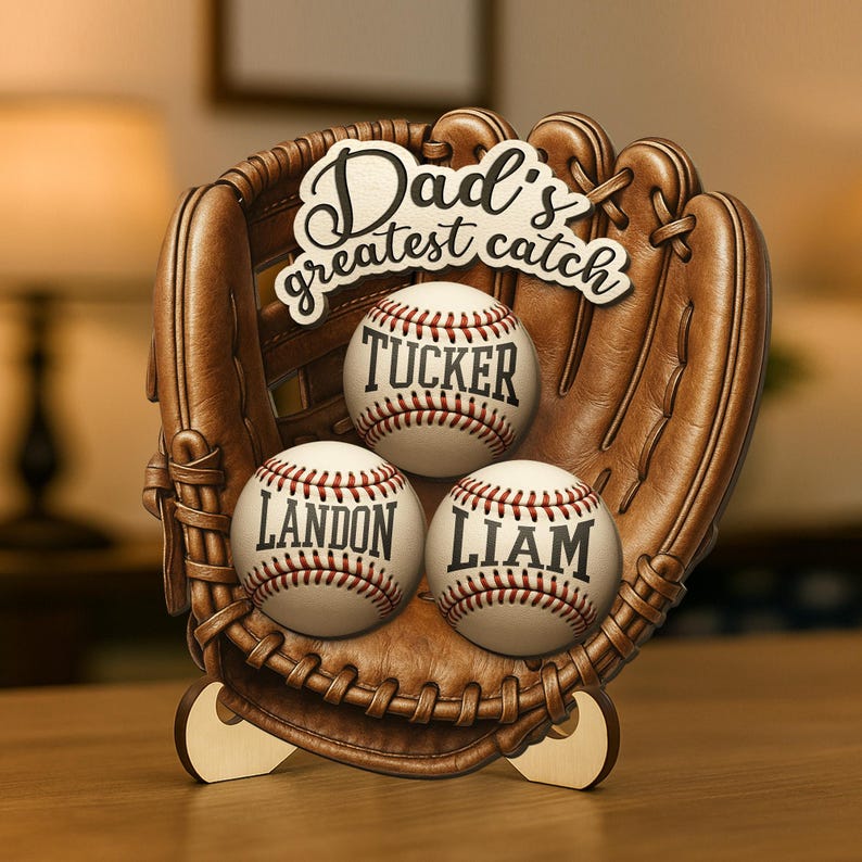 Personalized We Caught The Best Dad 2-Layered Wooden Plaque With Stand, Custom Kid's Names Baseball Sign, Father's Day Gifts, Gifts for Dad