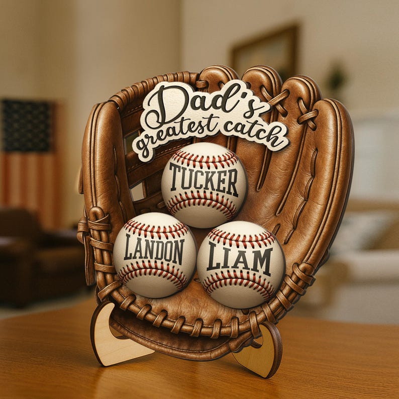 Personalized We Caught The Best Dad 2-Layered Wooden Plaque With Stand, Custom Kid's Names Baseball Sign, Father's Day Gifts, Gifts for Dad