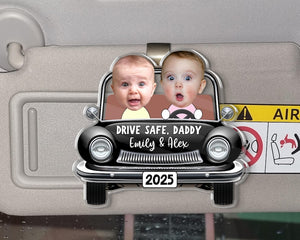 Funny Father's Day Gift, Custom Photo Dad Car Visor Clip, Drive Safe Daddy Gift, Vintage Car Baby Face Visor Clip, Kid Face Toy Car, New Dad