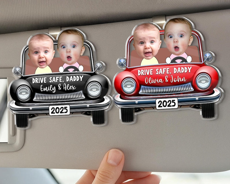 Funny Father's Day Gift, Custom Photo Dad Car Visor Clip, Drive Safe Daddy Gift, Vintage Car Baby Face Visor Clip, Kid Face Toy Car, New Dad