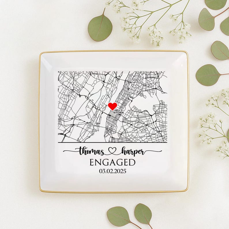 Custom Map Engaged Trinket Dish, Engagement Keepsake, Location Engagement Gifts For Couple Unique, Gifts For Newly Engaged Ring Holder