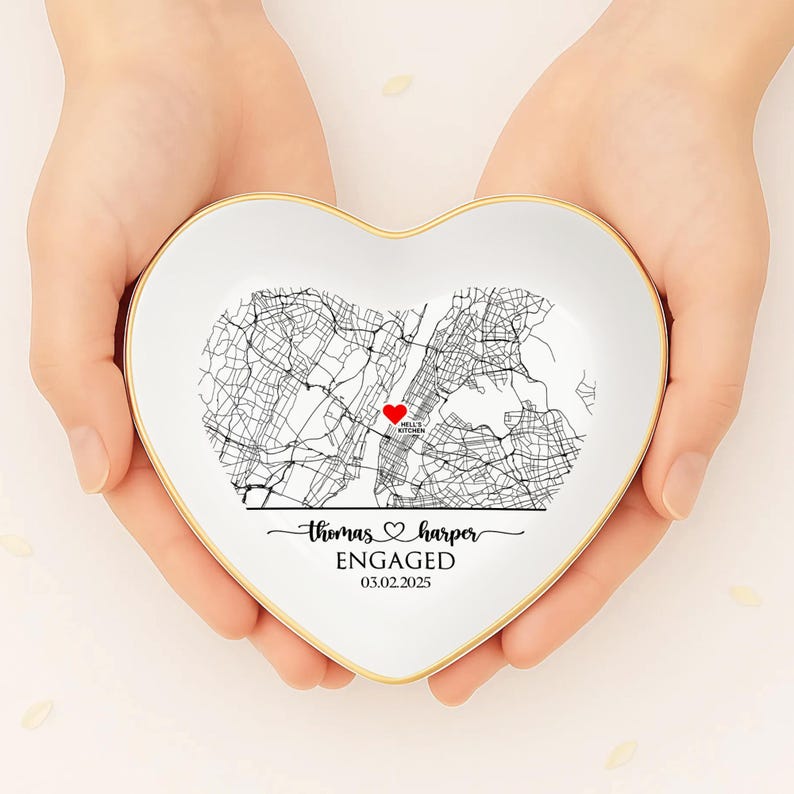 Custom Map Engaged Trinket Dish, Engagement Keepsake, Location Engagement Gifts For Couple Unique, Gifts For Newly Engaged Ring Holder