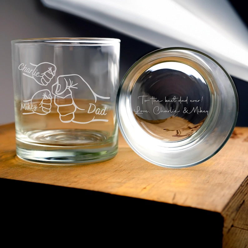 Engraved Whiskey Glass Fist Bump Dad And Kids, Personalized Dad Gift From Kids, Thoughtful Gifts For Dad, Unique Gift ideas For Dad, Etched