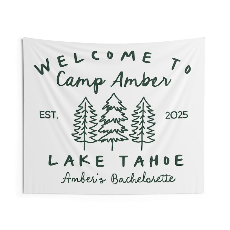 Custom Camping Bachelorette Trip Banner, Camp Bach Party Tapestry, Lake Tahoe Bridal Party Decor, Lake Outdoor Bachelorette Weekend Backdrop