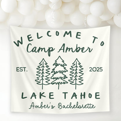 Custom Camping Bachelorette Trip Banner, Camp Bach Party Tapestry, Lake Tahoe Bridal Party Decor, Lake Outdoor Bachelorette Weekend Backdrop