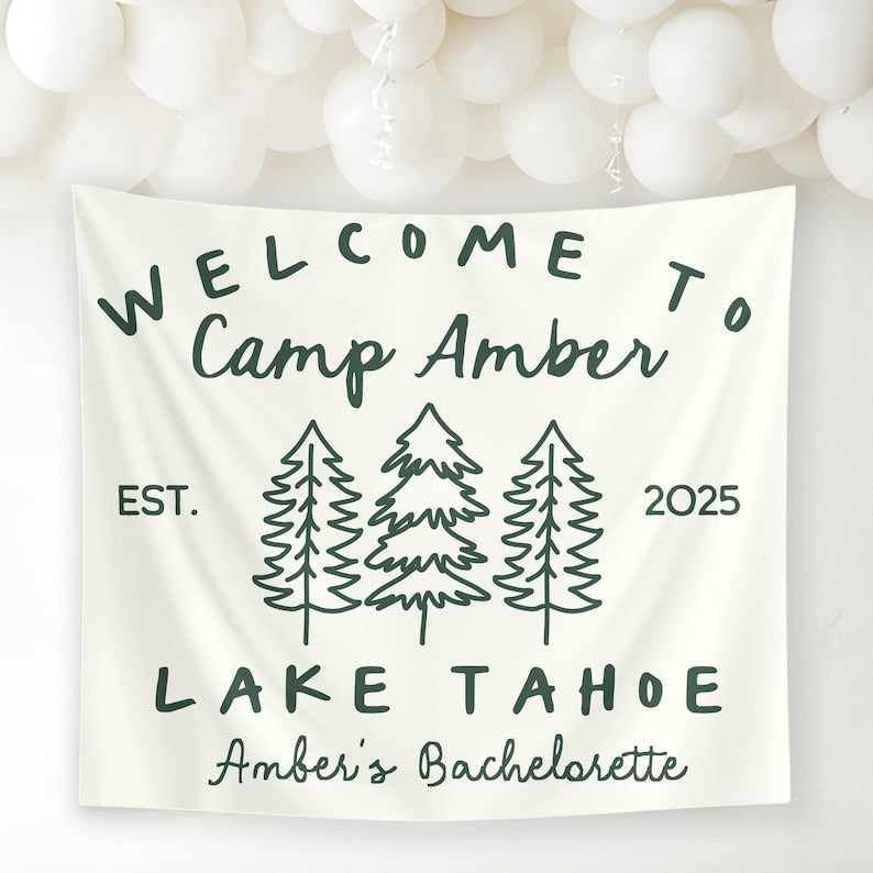 Custom Camping Bachelorette Trip Banner, Camp Bach Party Tapestry, Lake Tahoe Bridal Party Decor, Lake Outdoor Bachelorette Weekend Backdrop