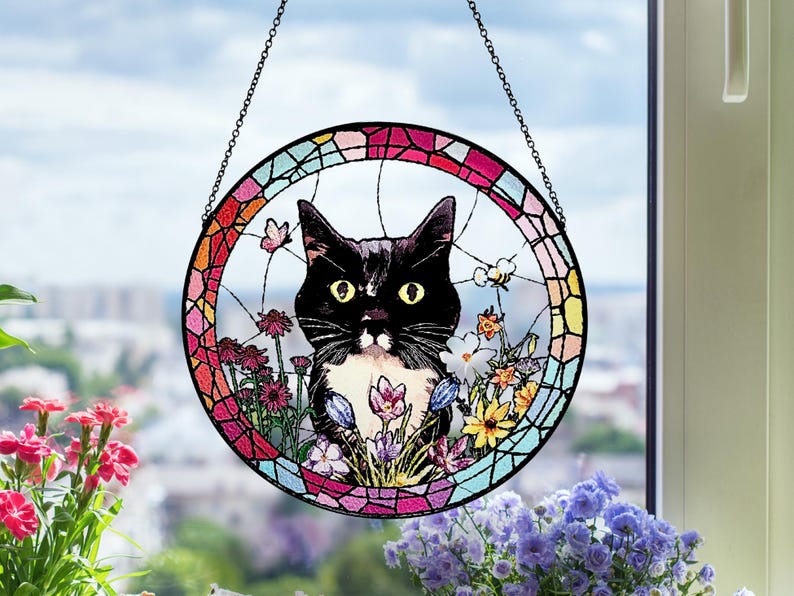 Custom Pet Portrait Stained Glass Suncatcher, Personalized Pet Suncatcher, Pet Keepsake Glass Suncatcher, Memorial Gift for Dog or Cat Lover