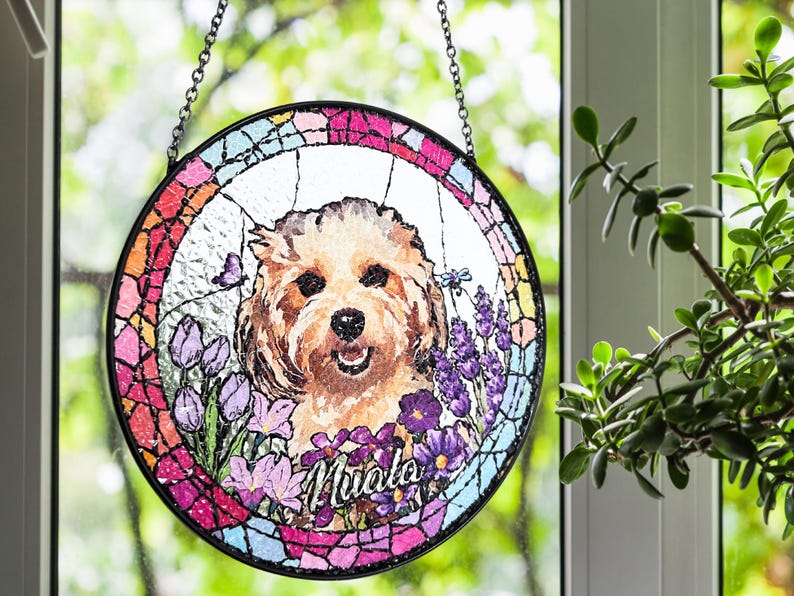 Custom Pet Portrait Stained Glass Suncatcher, Personalized Pet Suncatcher, Pet Keepsake Glass Suncatcher, Memorial Gift for Dog or Cat Lover