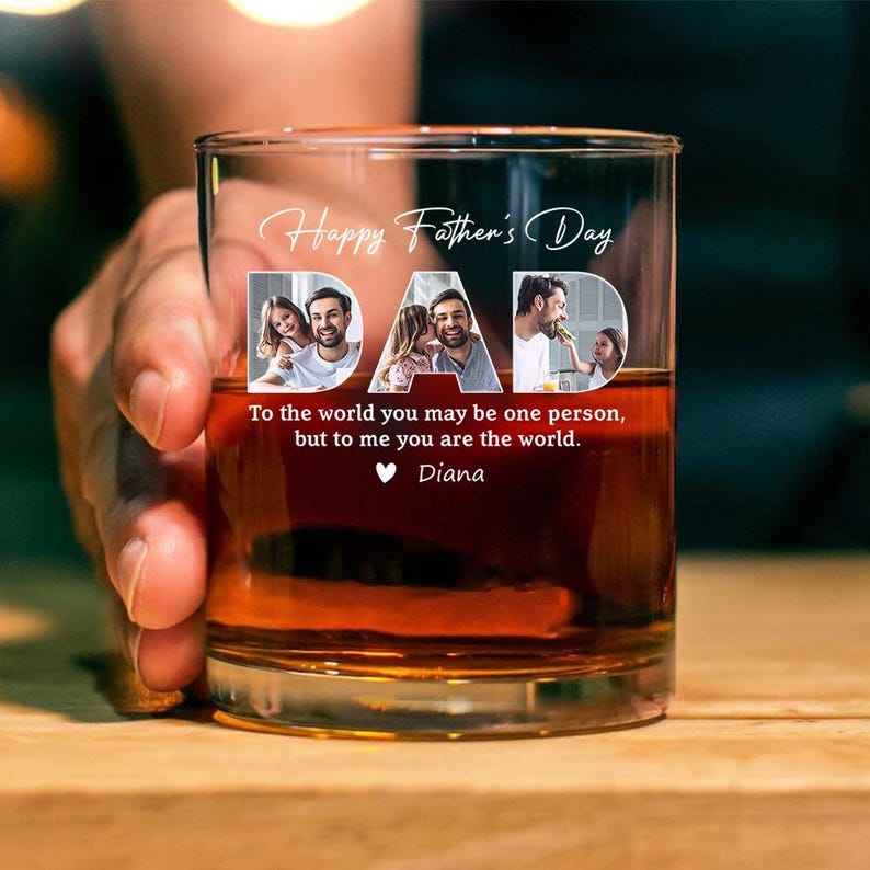 Personalized Father's Day Whiskey Glass, Custom Dad Photo Gift, To The World You Are One Person But To Me You Are The World, Grandpa Gift