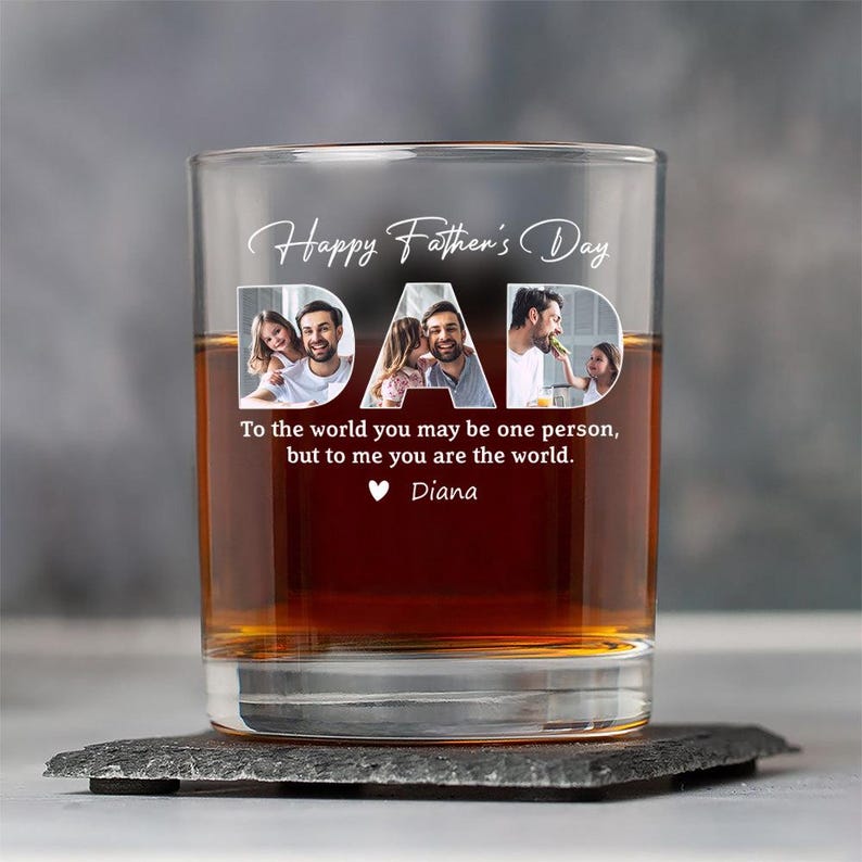 Personalized Father's Day Whiskey Glass, Custom Dad Photo Gift, To The World You Are One Person But To Me You Are The World, Grandpa Gift