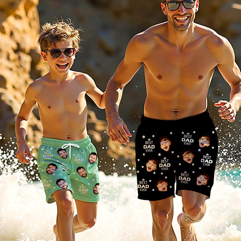 Custom Swim Trunks with Faces, Personalized Unisex Beach Shorts, Best Dad Ever Shorts, Custom Unisex Swim Trunks, Gift for Dad, Summer Gift