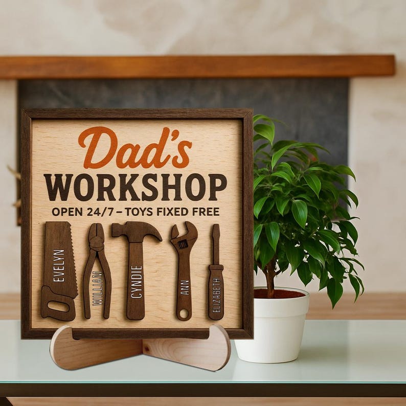 Personalized Dad s Workshop With Kids Name Sign, Custom Kids Names On Tools, Garage Sign for Dad, Grandpa Workshop Sign, Father's Day Gift
