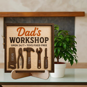 Personalized Dad s Workshop With Kids Name Sign, Custom Kids Names On Tools, Garage Sign for Dad, Grandpa Workshop Sign, Father's Day Gift