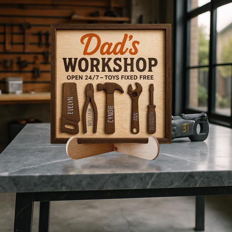 Personalized Dad s Workshop With Kids Name Sign, Custom Kids Names On Tools, Garage Sign for Dad, Grandpa Workshop Sign, Father's Day Gift