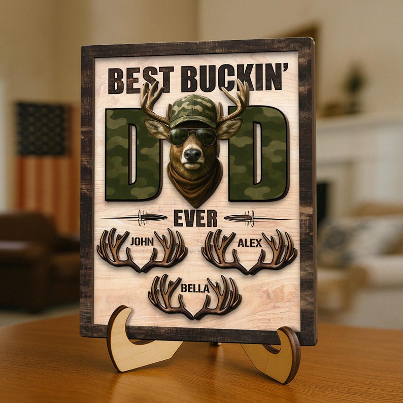 Personalized Best Buckin' Dad Ever 2-Layered Wooden Plaque, Custom Kid's Name Hunting Sign, Fathers Day Gift, Gift for Dad, Hunting Dad Gift